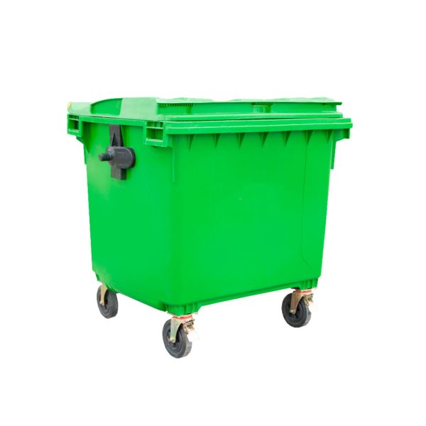 Contenedor industrial de 1100 litros con tapa abatible y ruedas reforzadas, ideal para manejo de residuos en exteriore